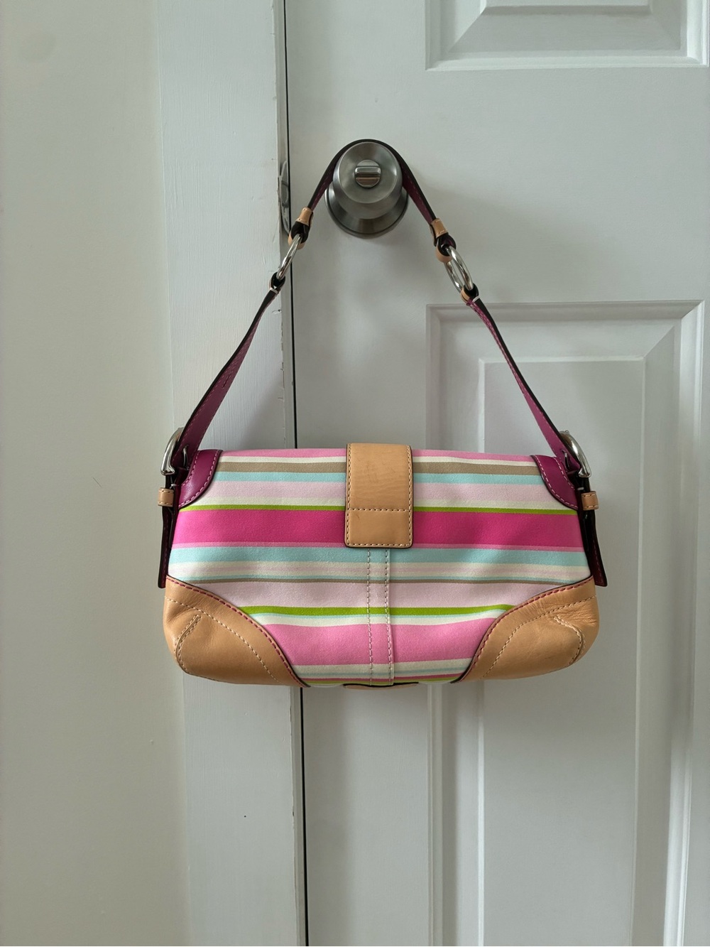 Coach Pink Striped Shoulder Bag with Tan Trim - Picture 2 of 6